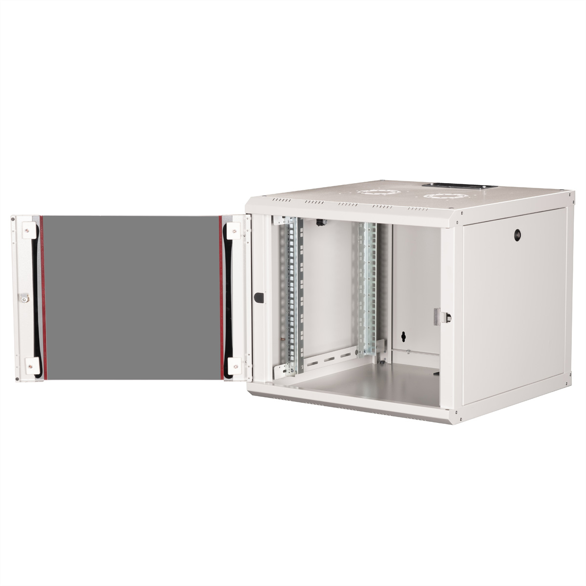 Armadio rack server bianco, porta aperta, con bordo rosso e montaggio rack.