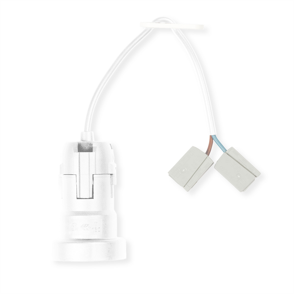 Un portalampada bianco con fili e connettori su sfondo bianco.