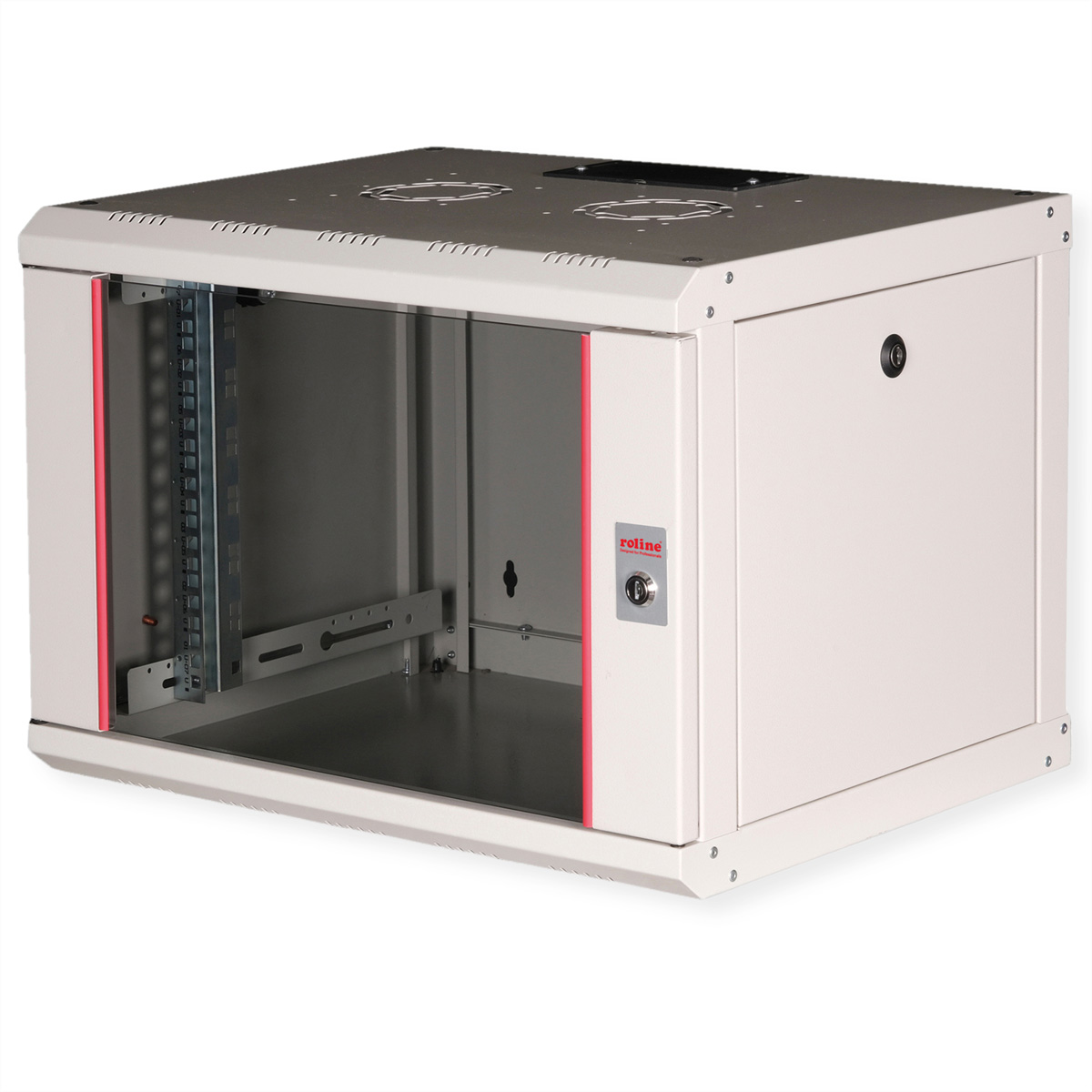 Un rack server beige con porta in vetro, strisce rosse, serratura a chiave e prese d'aria.