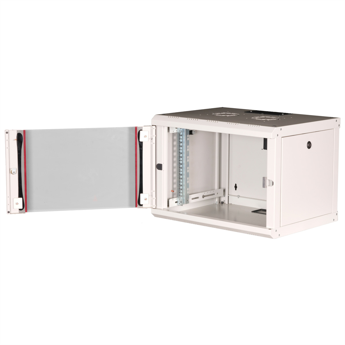 Armadio rack bianco aperto con porta, che mostra l'interno con guide e una ventola.