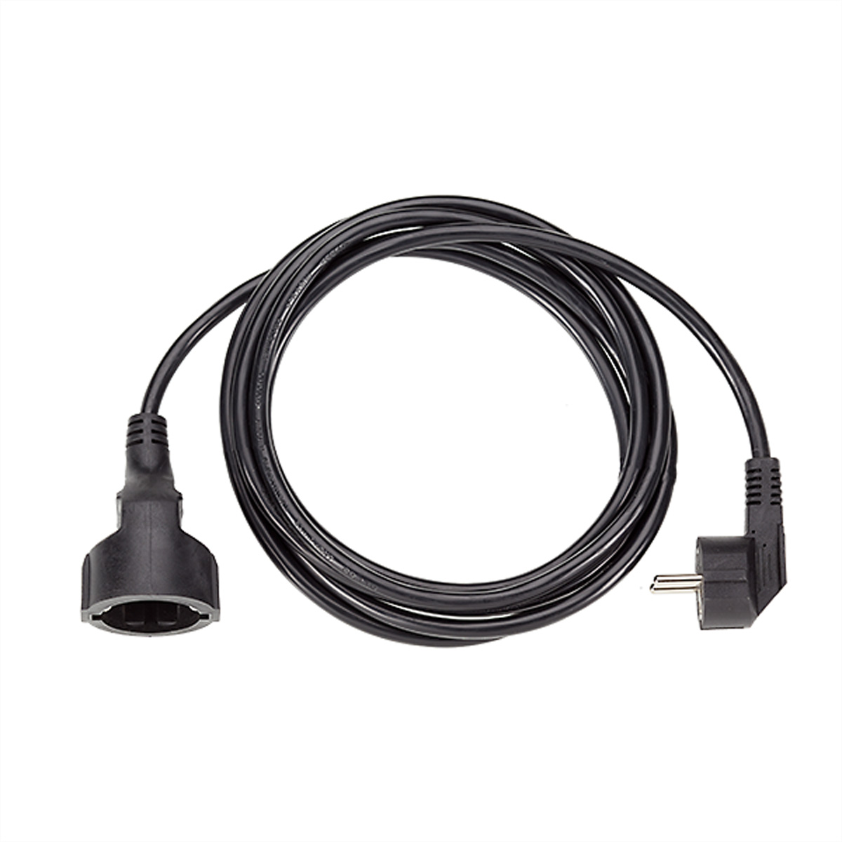Zwarte voedingskabel. Vrouwelijke connector. Haakse stekker. Zwarte, opgerolde kabel. Witte achtergrond.