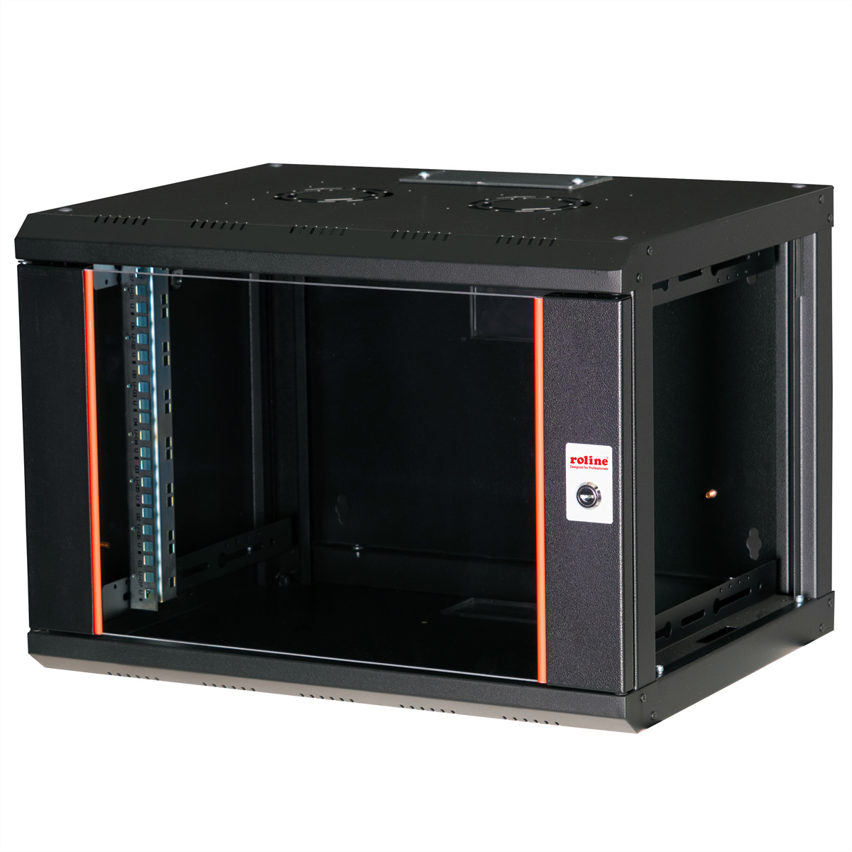 Un rack server nero con porta in vetro, strisce rosse e serratura a chiave.