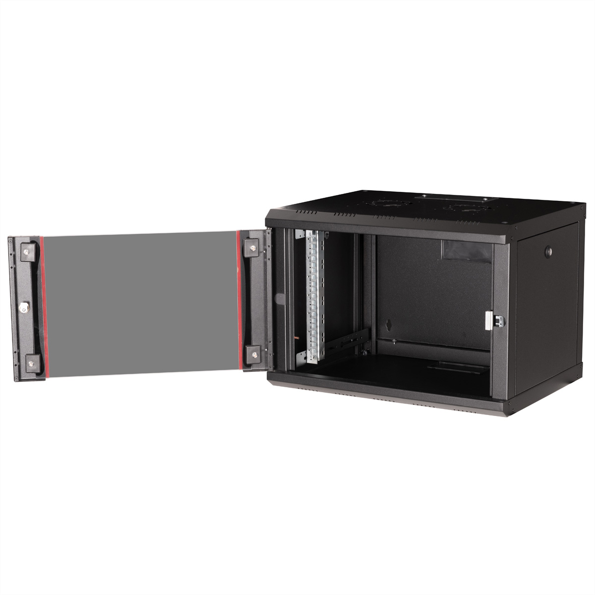 Un armadio rackmount nero con porta aperta, che rivela le guide di montaggio.