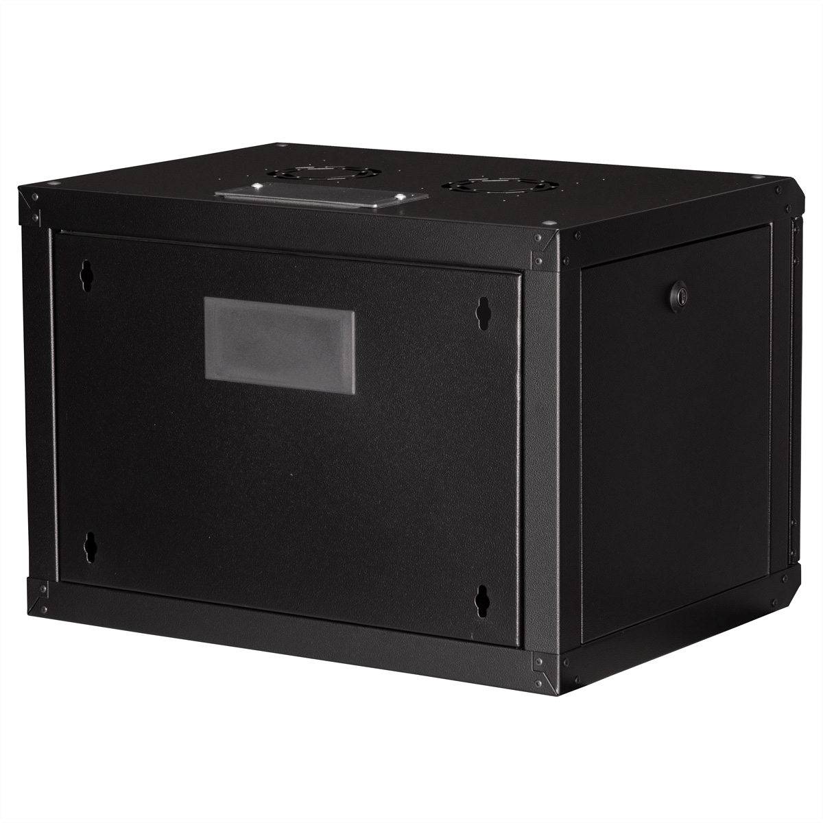 Armadio rack nero con pannello rettangolare, prese d'aria e serratura; vista laterale.