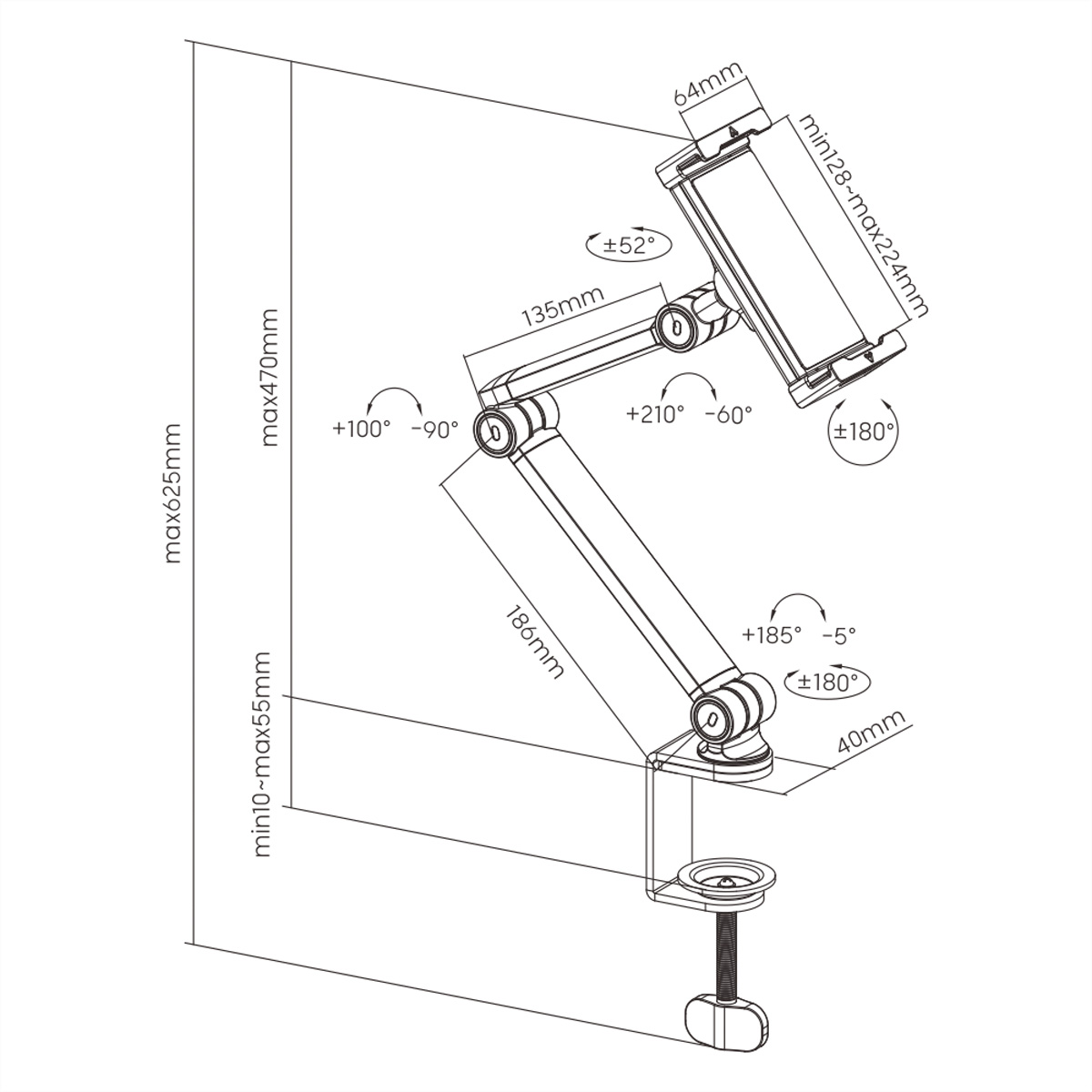 Diagramm eines verstellbaren Tablethalters mit Abmessungen und Winkeln.