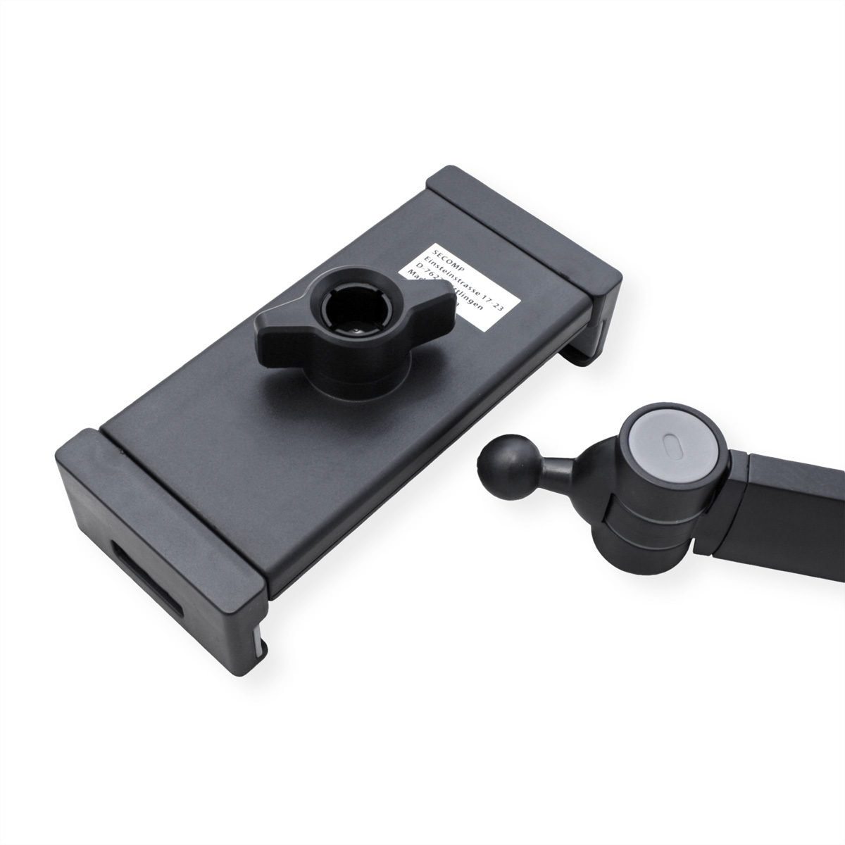 Schwarzer Tablethalter mit verstellbarem Arm und weißem Hintergrund.