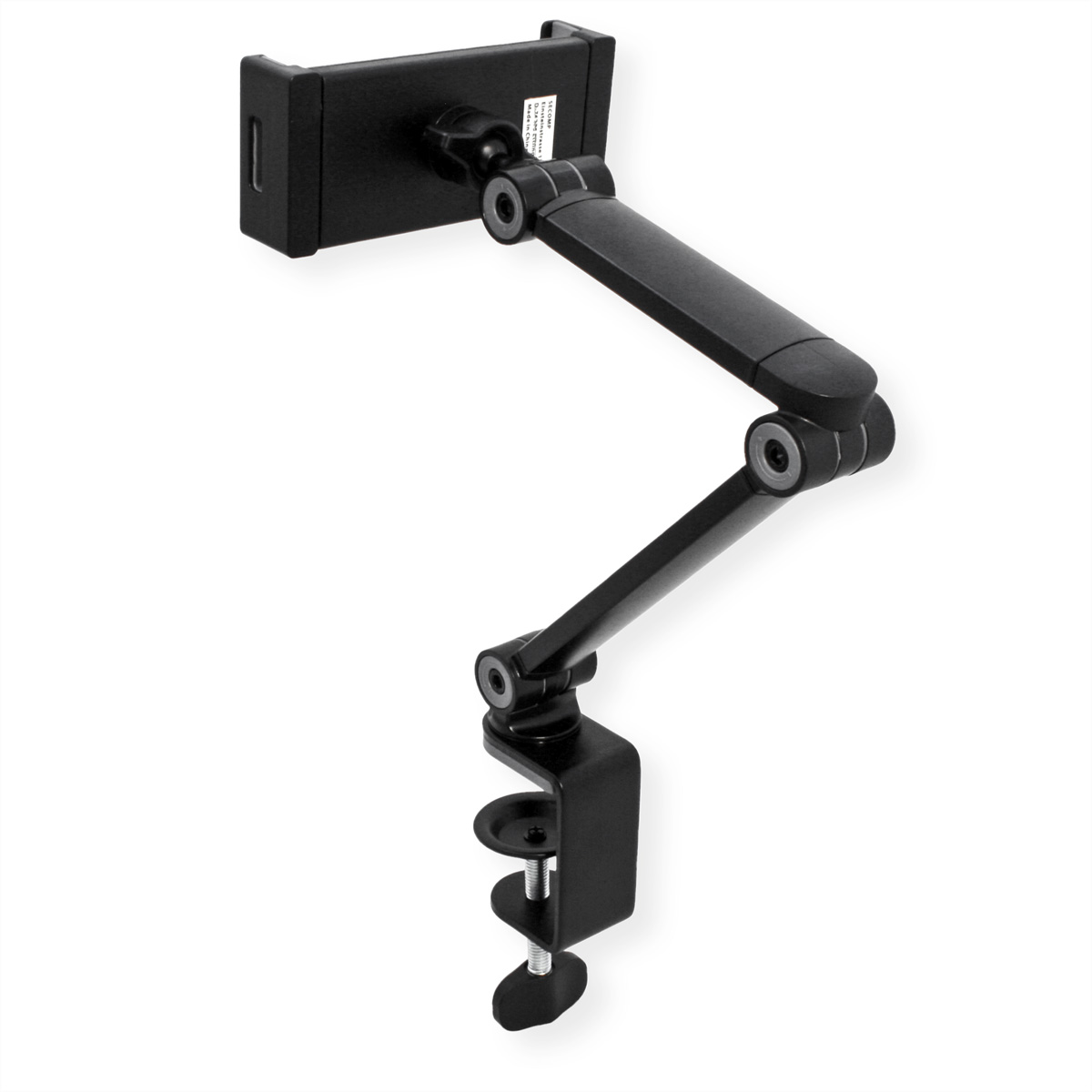 Schwarzer Tablethalter mit Klemme. Der Arm ist verstellbar. Weißer Hintergrund.