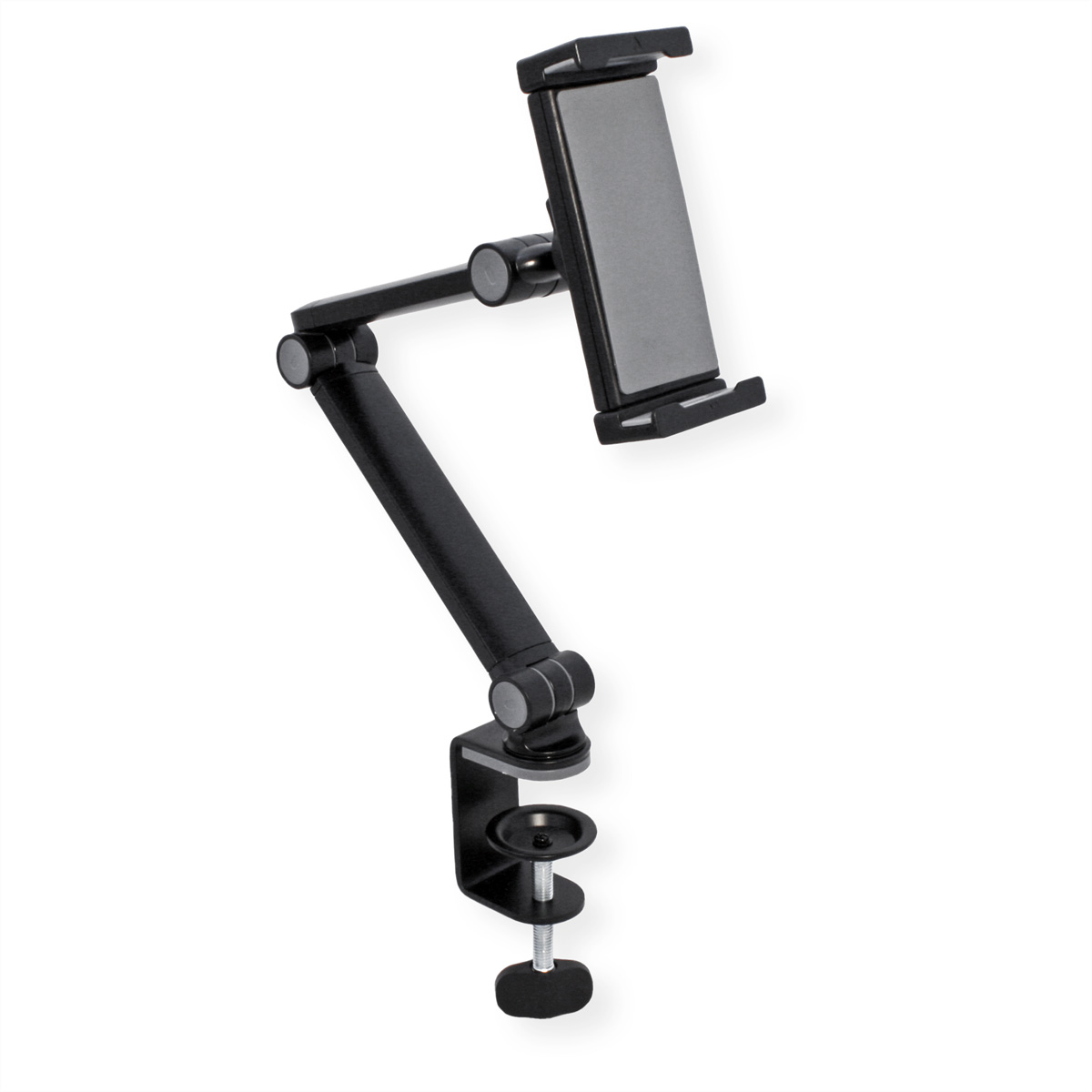 Ein schwarzer Tablethalter mit Klemme und flexiblem Arm zur Positionierung.