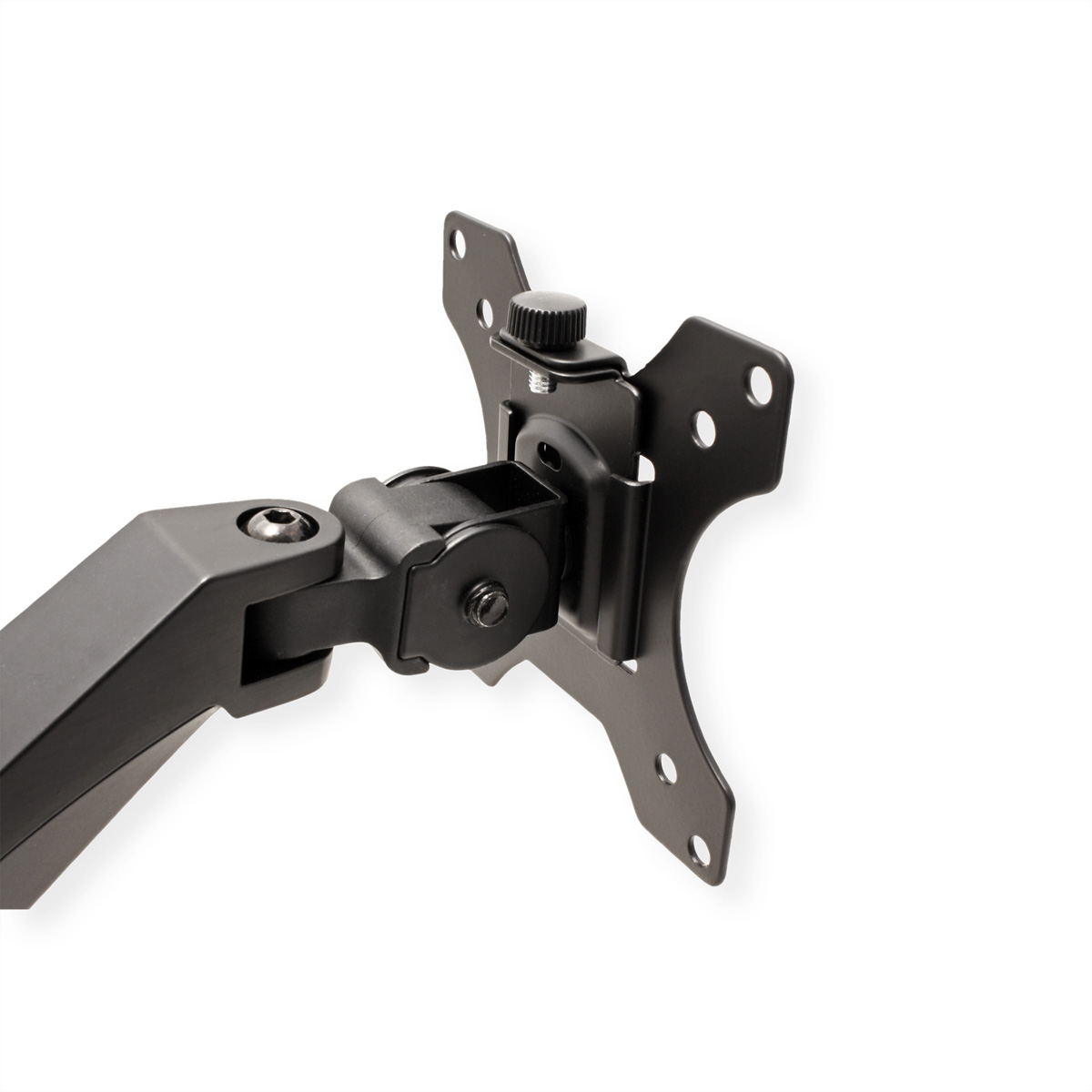 Nahaufnahme der Halterung eines schwarzen Monitorarms, mit Schrauben und Einstellung.