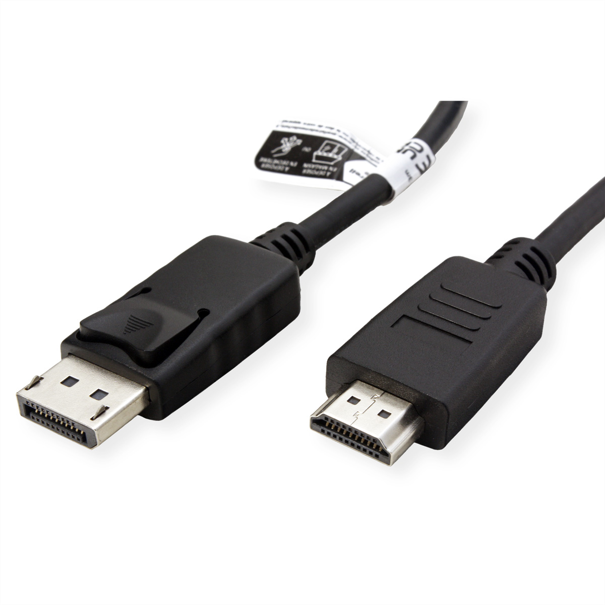 Câble noir DisplayPort vers HDMI. Connecteurs DisplayPort et HDMI sur fond blanc.