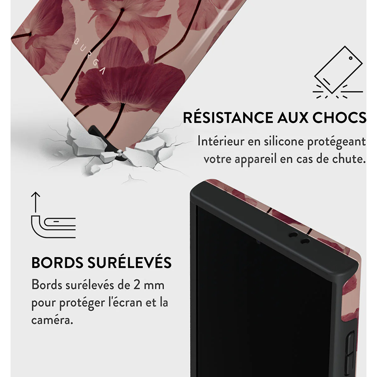 Handyhülle mit rosa Blumen. Text: Stoßfestigkeit, erhöhte Kanten. Die Hülle schützt den Bildschirm.