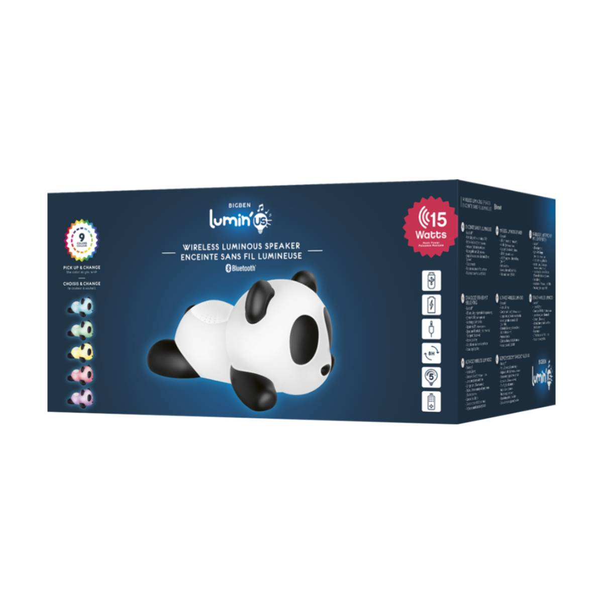 Panda-förmiger weißer kabelloser Lautsprecher mit schwarzen Akzenten, in einer Box.