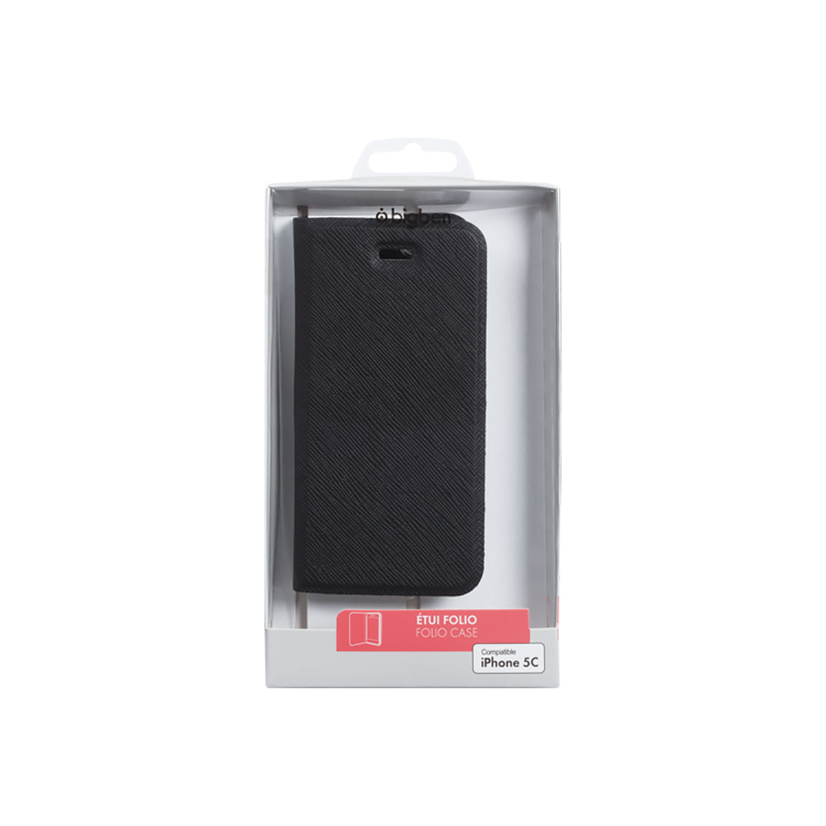 Custodia per telefono nera in una scatola bianca. La custodia sembra chiusa. Compatibile con iPhone 5C.