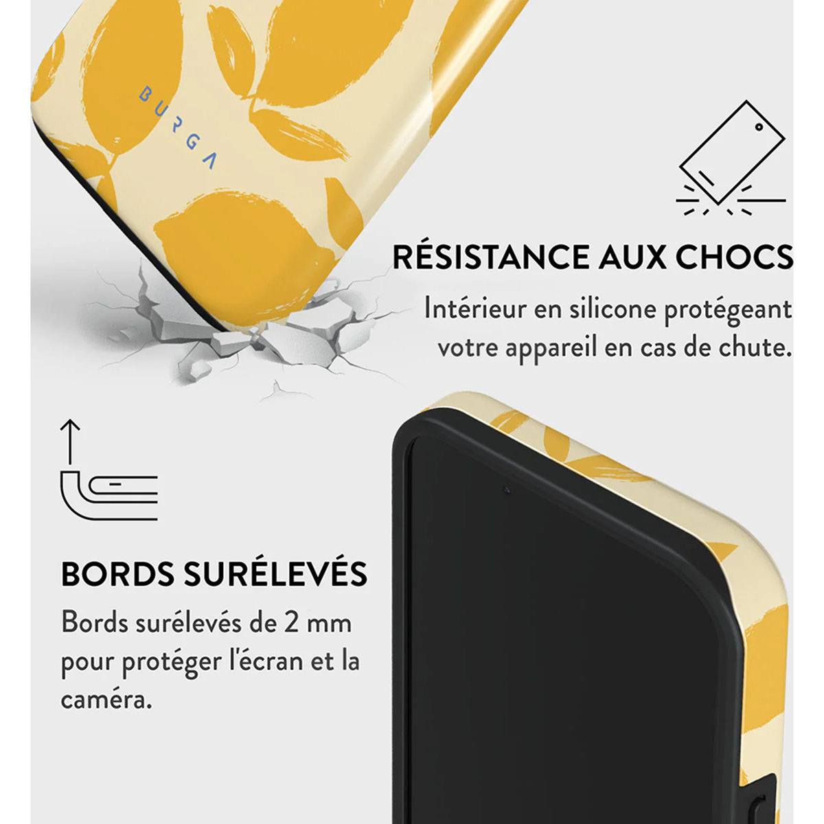 Telefoonhoesje met gele citroenen, tekst. Zwarte telefoon met zwart scherm. Witte achtergrond.