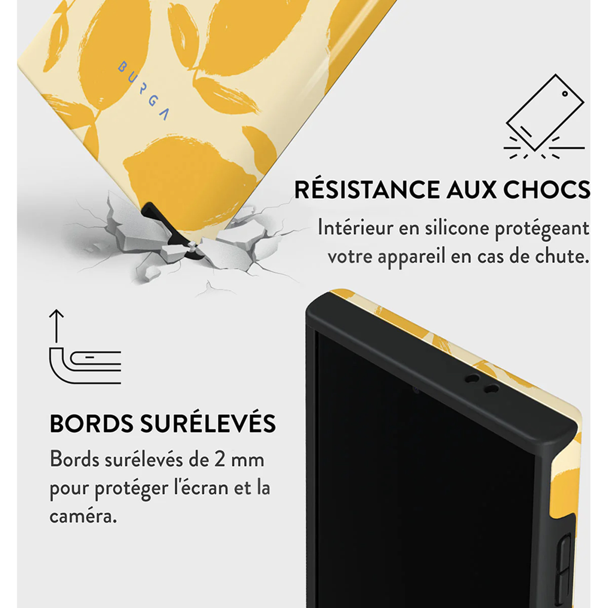 Custodia per telefono gialla con limoni, con testo che descrive la resistenza agli urti e i bordi rialzati.