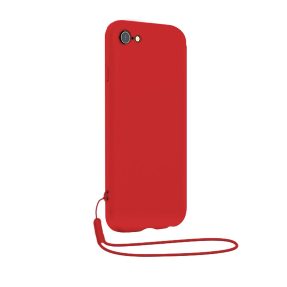 Una custodia per telefono rossa con un cordino rosso. È su sfondo bianco. La custodia ha un foro per la fotocamera. È in posizione verticale.