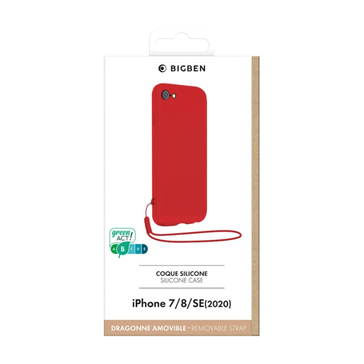 Custodia rossa per iPhone nella confezione, con cinturino staccabile e logo del marchio.