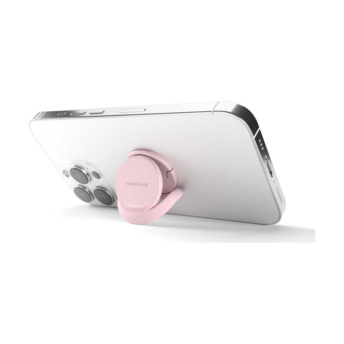 Un'impugnatura rosa per smartphone attaccata a un telefono cellulare bianco.