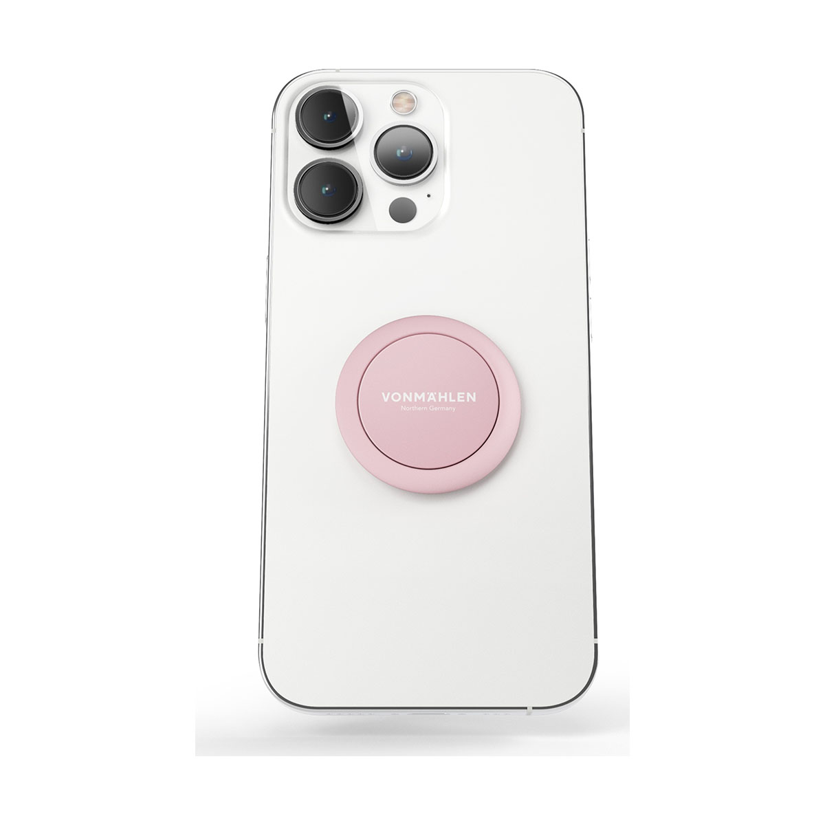 Uno smartphone bianco con tre fotocamere e un anello porta telefono rosa.