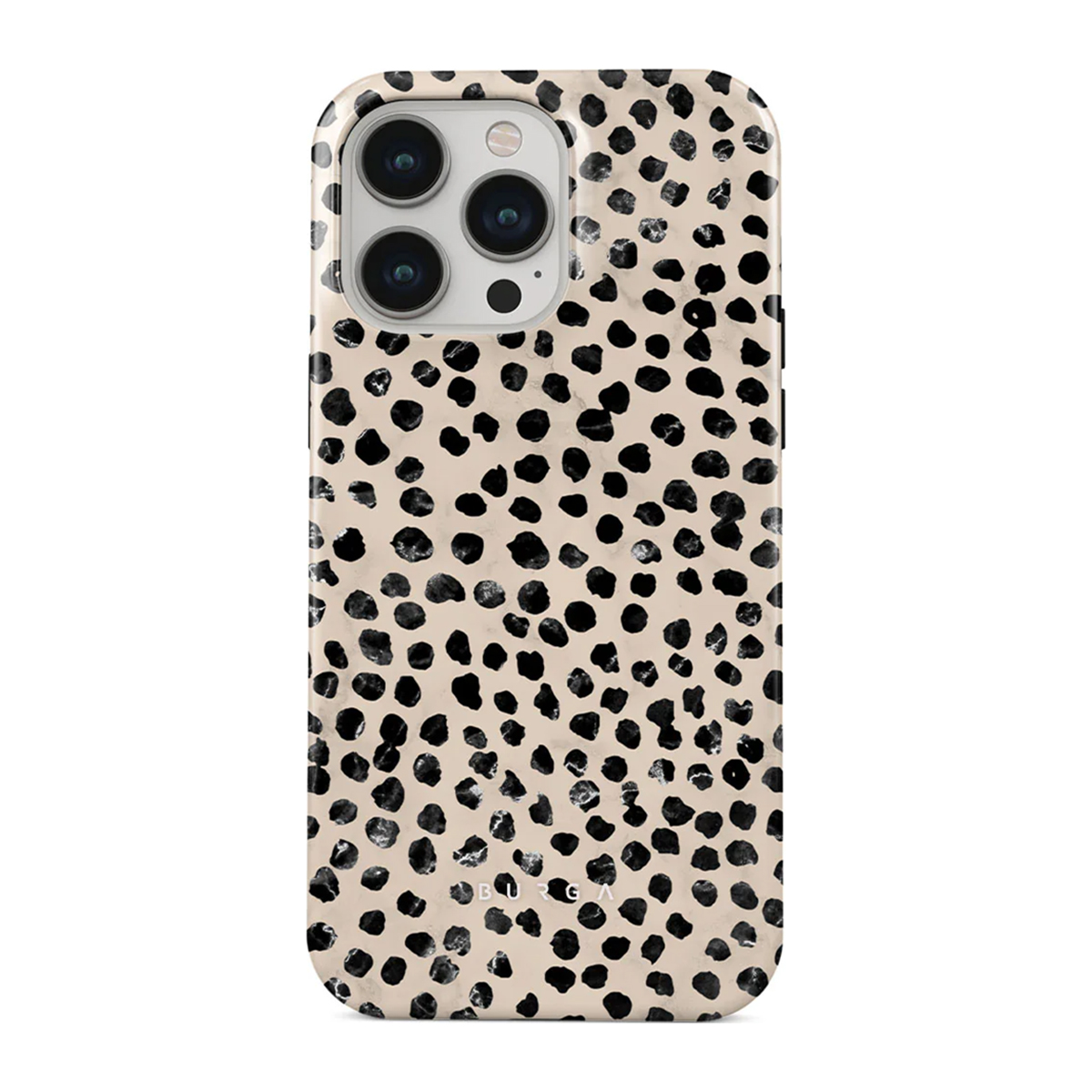 Coque de téléphone à pois noirs sur fond beige. Quatre objectifs d'appareil photo.