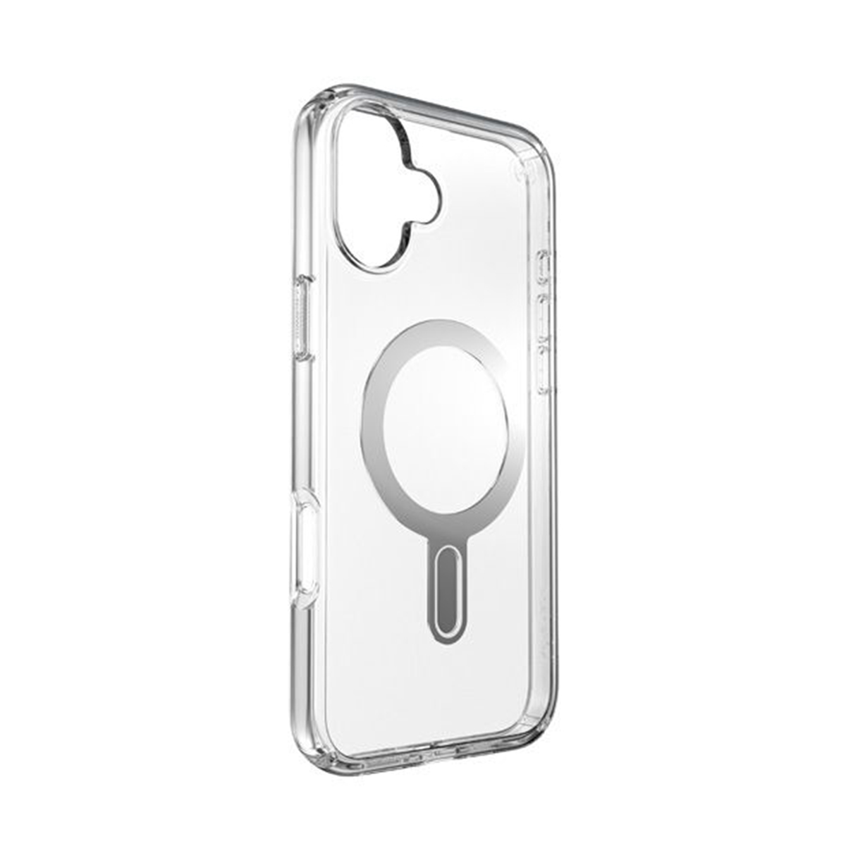 Custodia trasparente per telefono con anello MagSafe circolare, progettata per un telefono.