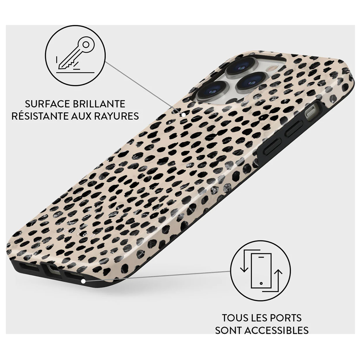 Coque de téléphone à pois noirs et icône de clé. Texte : surface brillante, résistant aux rayures.