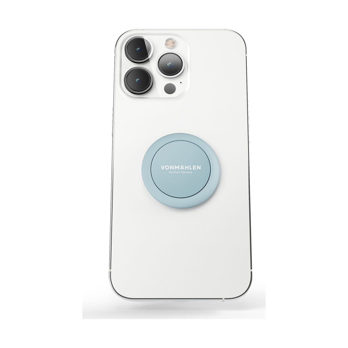 Uno smartphone bianco con impugnatura circolare blu e tre fotocamere.