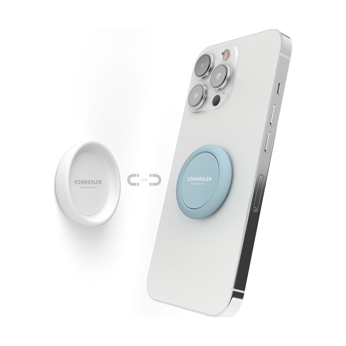 Un anello magnetico blu su un iPhone bianco, accanto a un anello di tenuta bianco.