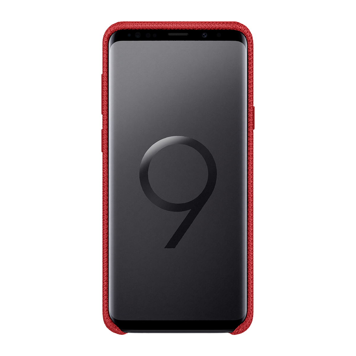 Uno smartphone con custodia rossa. Lo schermo è nero, con un grande '9' bianco.