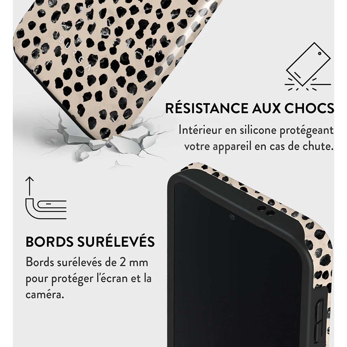 Close-up van een telefoonhoesje met een zwart frame en een luipaardprint ontwerp.