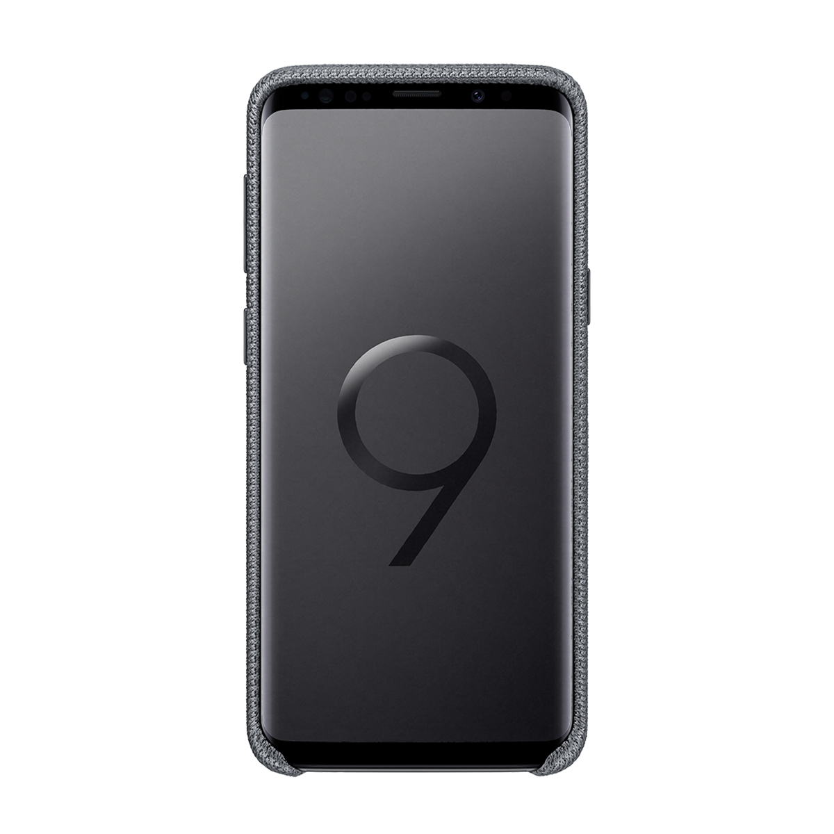 Smartphone nero con custodia su sfondo bianco. Il numero '9' è sullo schermo.
