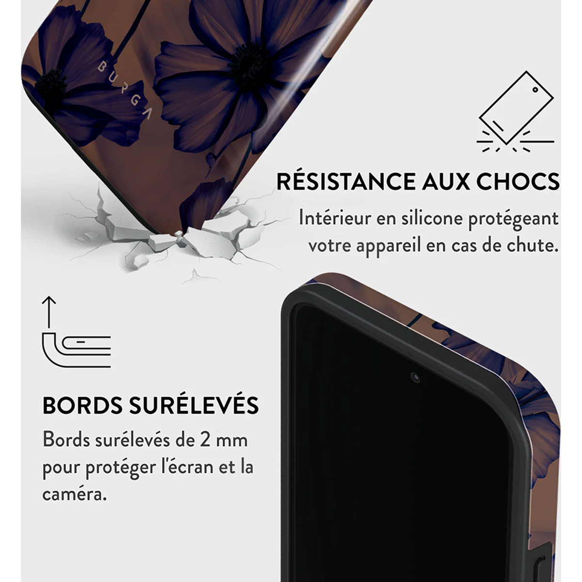 Telefoonhoesje met donkerblauwe bloemen. Tekst: Schokbestendigheid, verhoogde randen. De hoes beschermt het scherm.
