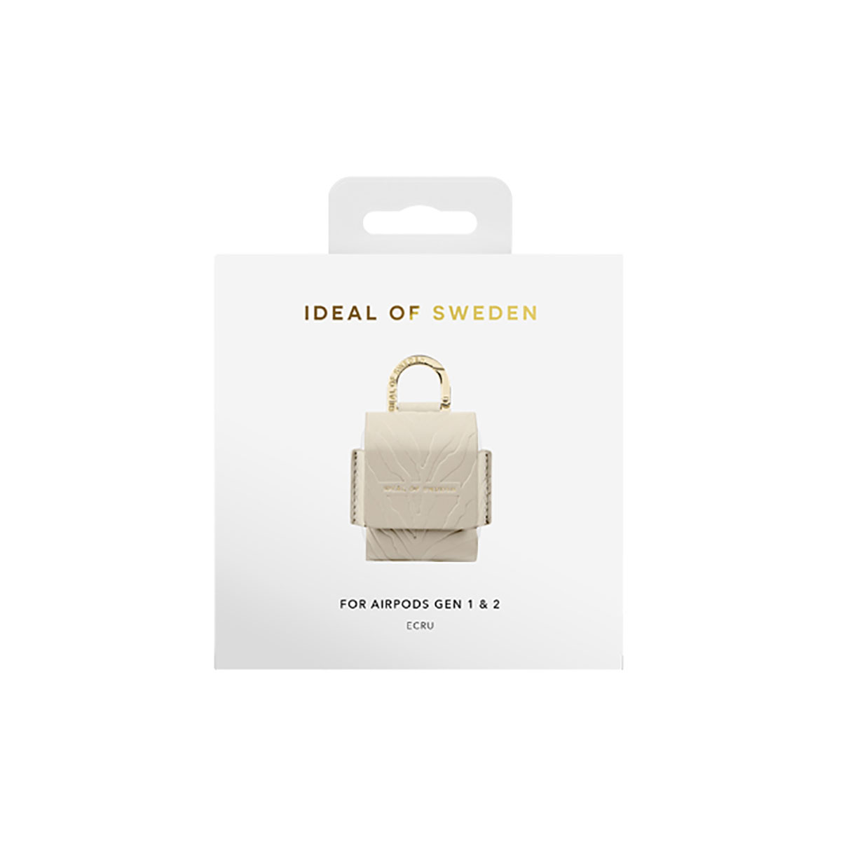 Una funda para AirPods en una caja blanca. La funda es beige y tiene un cierre dorado.
