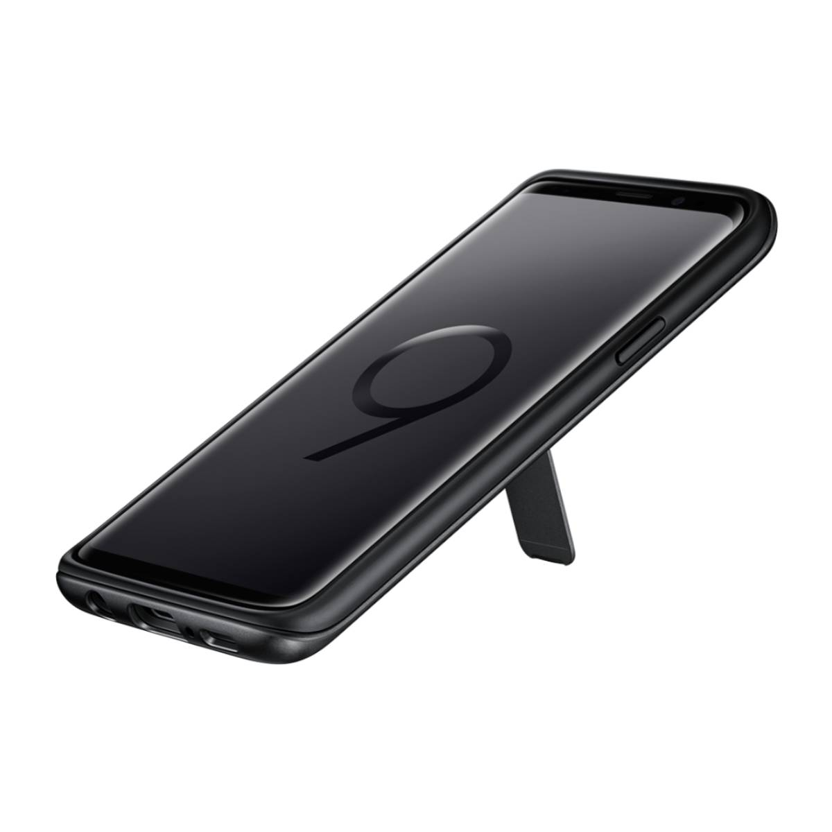 Un smartphone negro con un soporte, ligeramente inclinado.