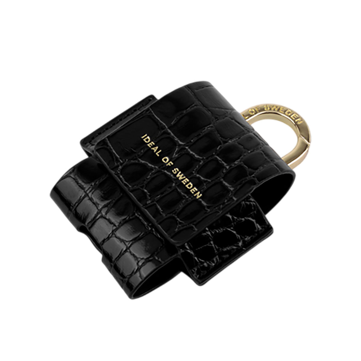 Funda AirPods negra similar al cuero con herrajes dorados y el logotipo de Ideal of Sweden.