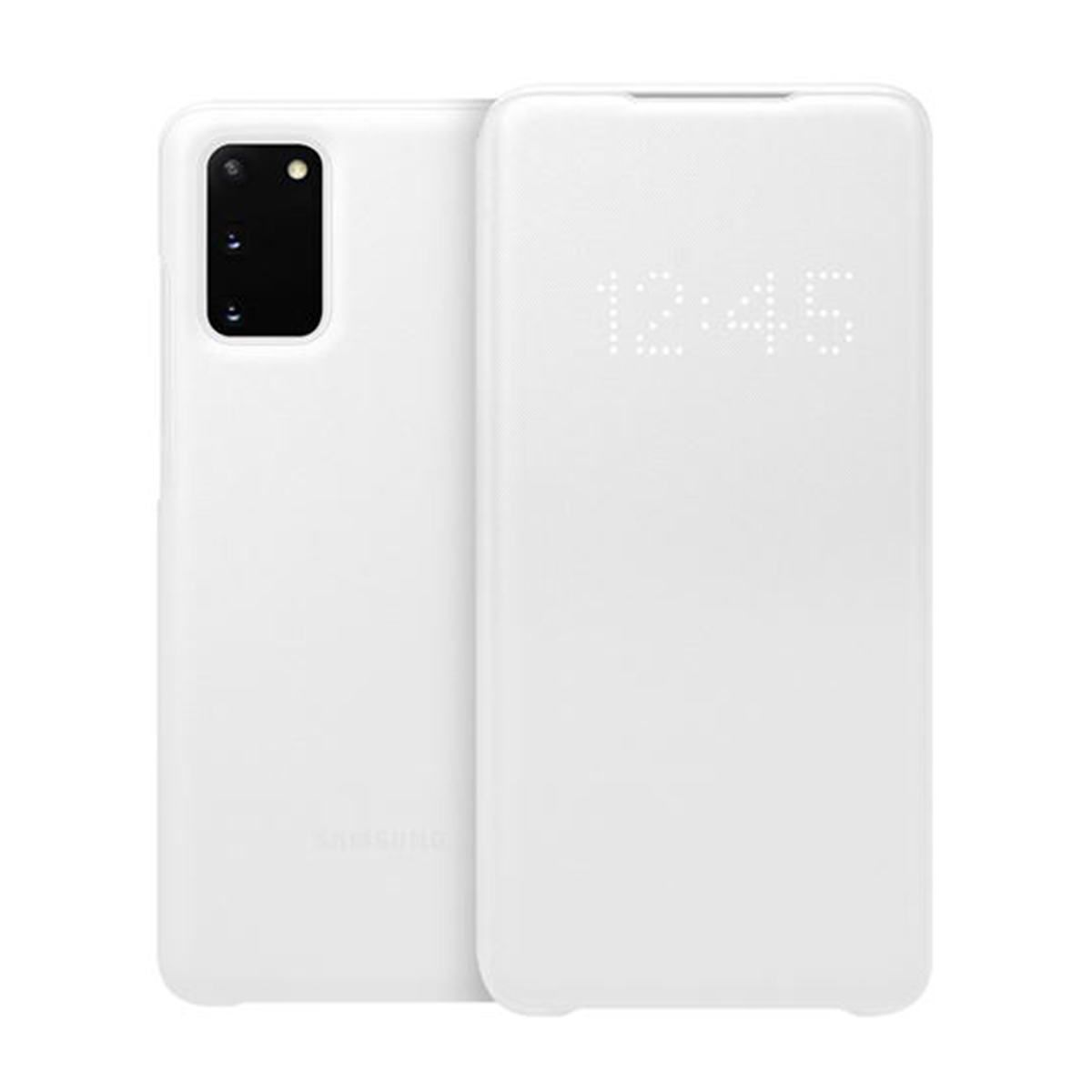 Custodia per telefono bianca con una cover che mostra l'ora in punti bianchi quando è chiusa.