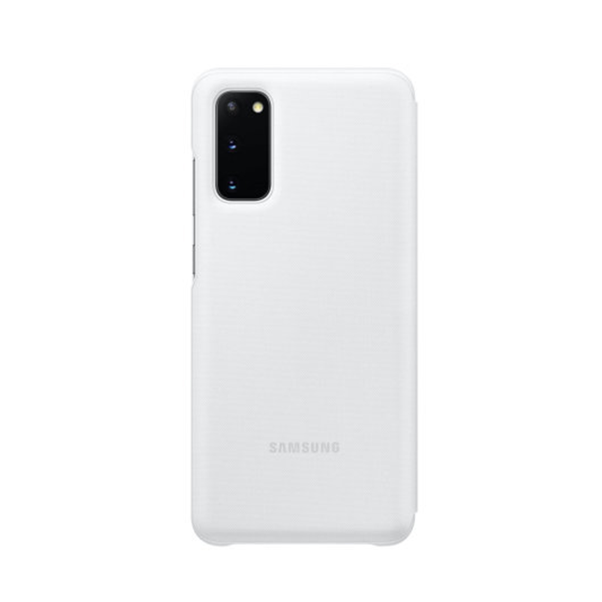 Custodia bianca per telefono con tre fotocamere posteriori. Lo sfondo è bianco.