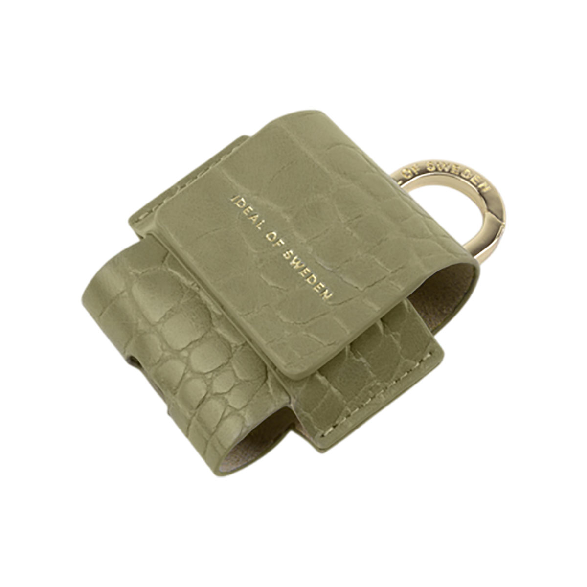 Funda para AirPods Ideal of Sweden verde oliva. Anillo dorado.