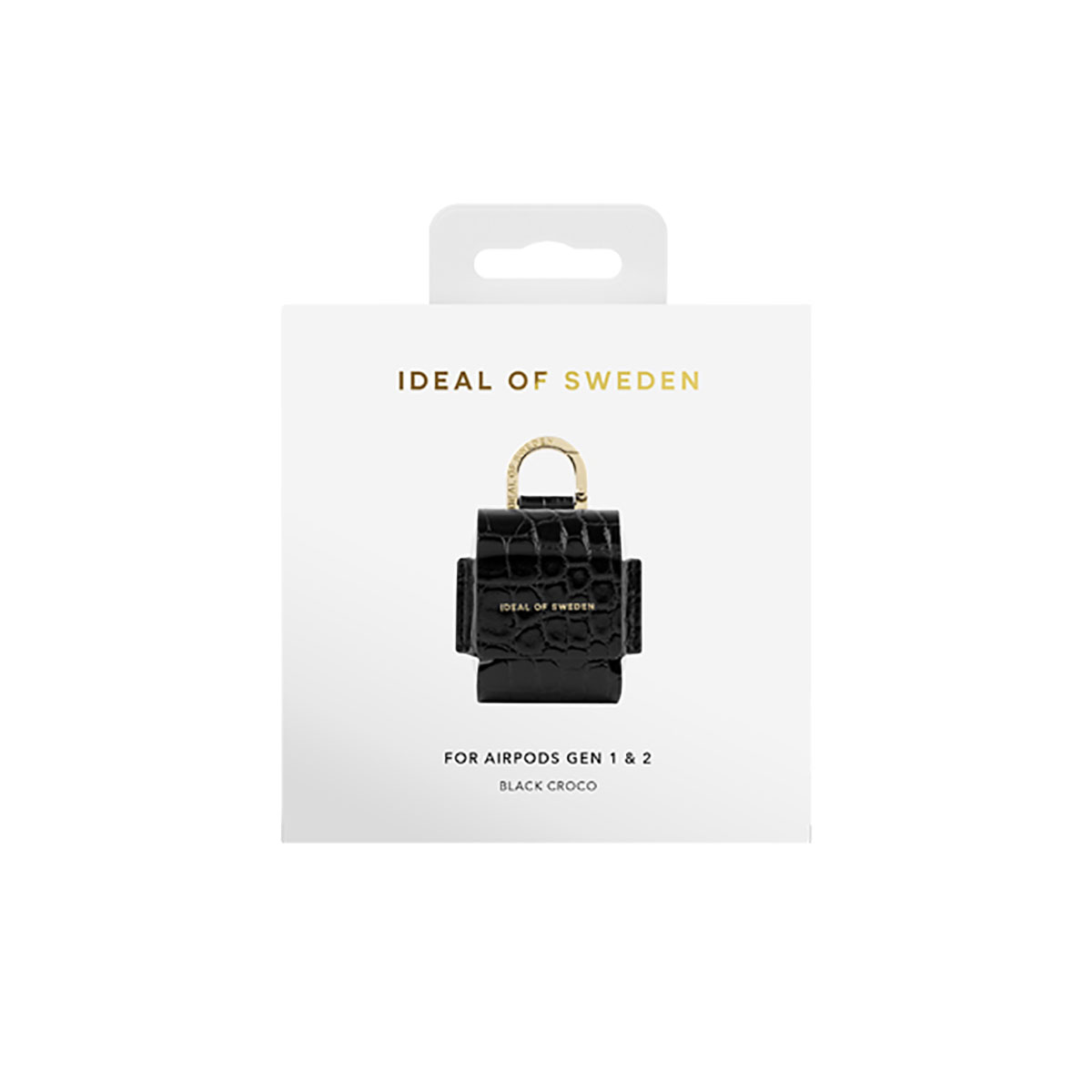 Una caja blanca con las palabras IDEAL OF SWEDEN y una funda para AirPods con textura de cocodrilo negro y cierre dorado.