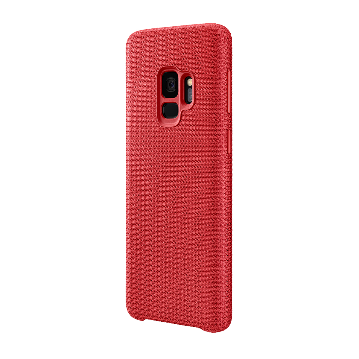Custodia per telefono rossa con motivo strutturato e ritaglio per fotocamera, su sfondo bianco.