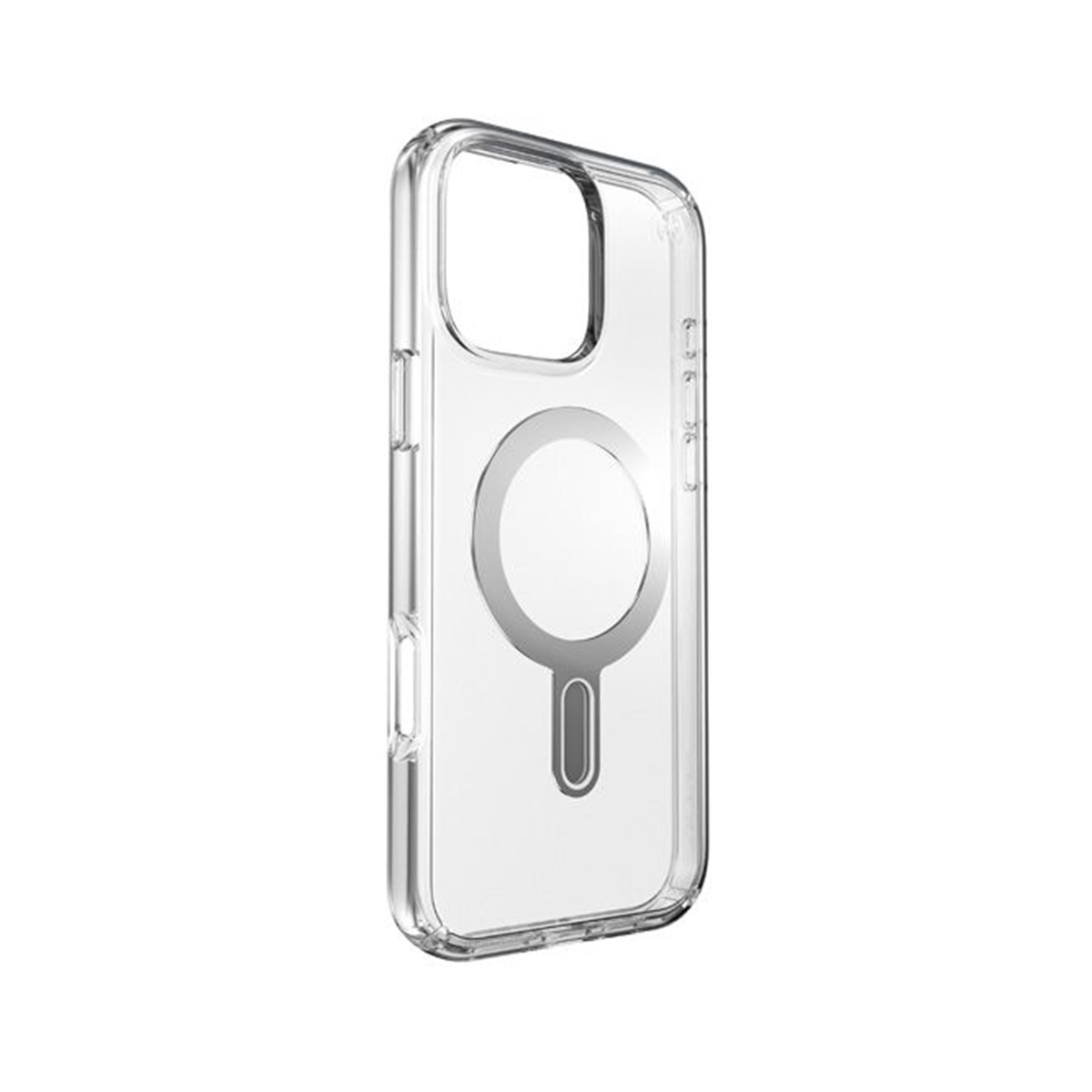 Una custodia trasparente per iPhone con un contorno circolare del caricabatterie MagSafe.