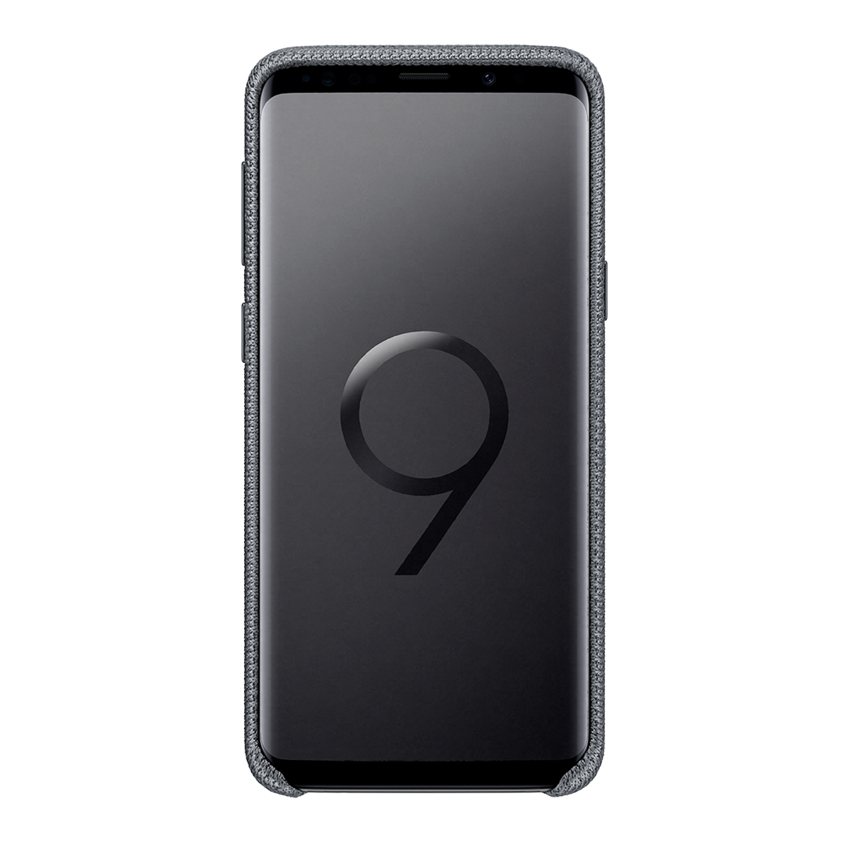 Telefono Samsung Galaxy S9 nero, con un grande 9 sullo schermo, in una custodia grigio scuro.