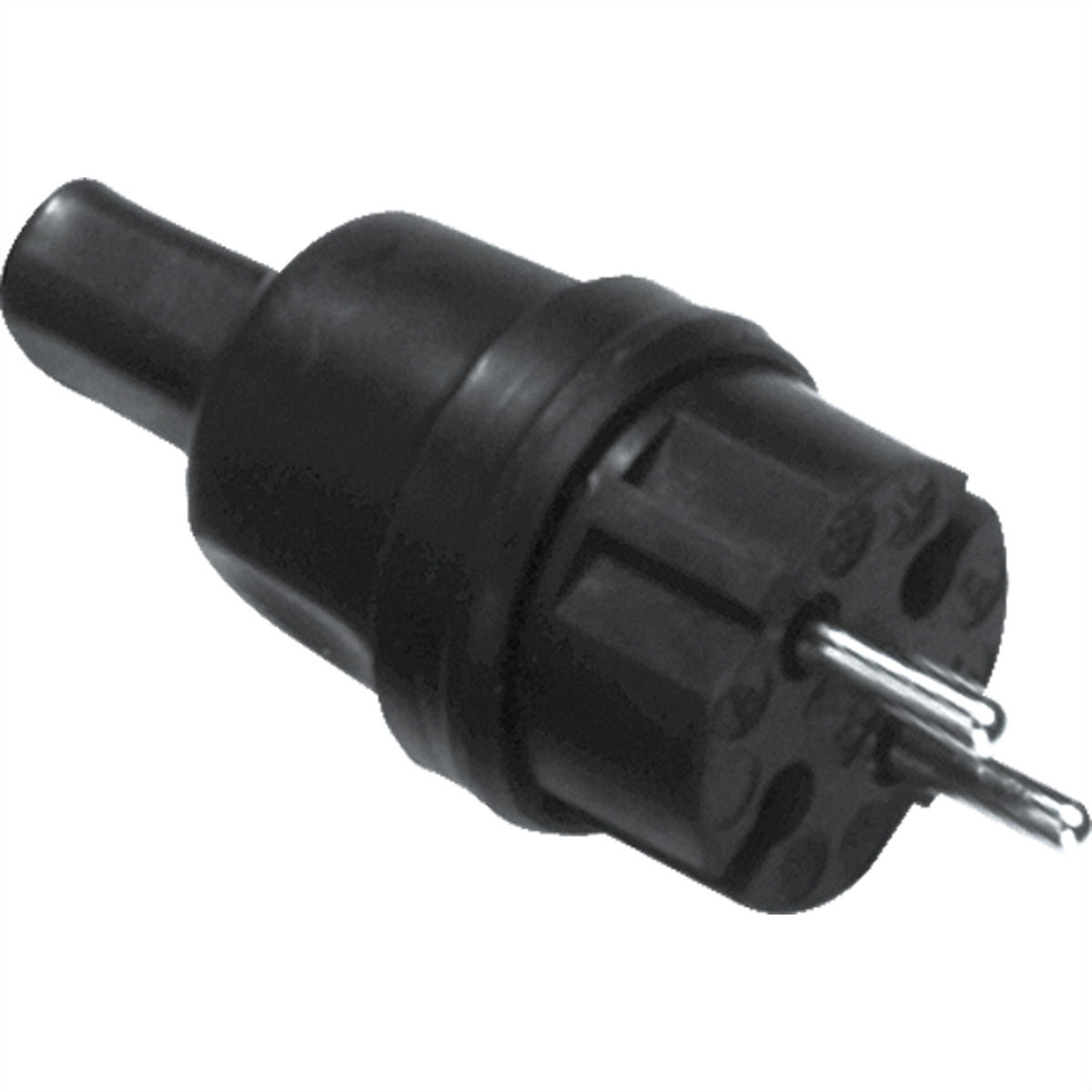 Zwarte 7-pins connector met drie zilveren pinnen. De achtergrond is wit.
