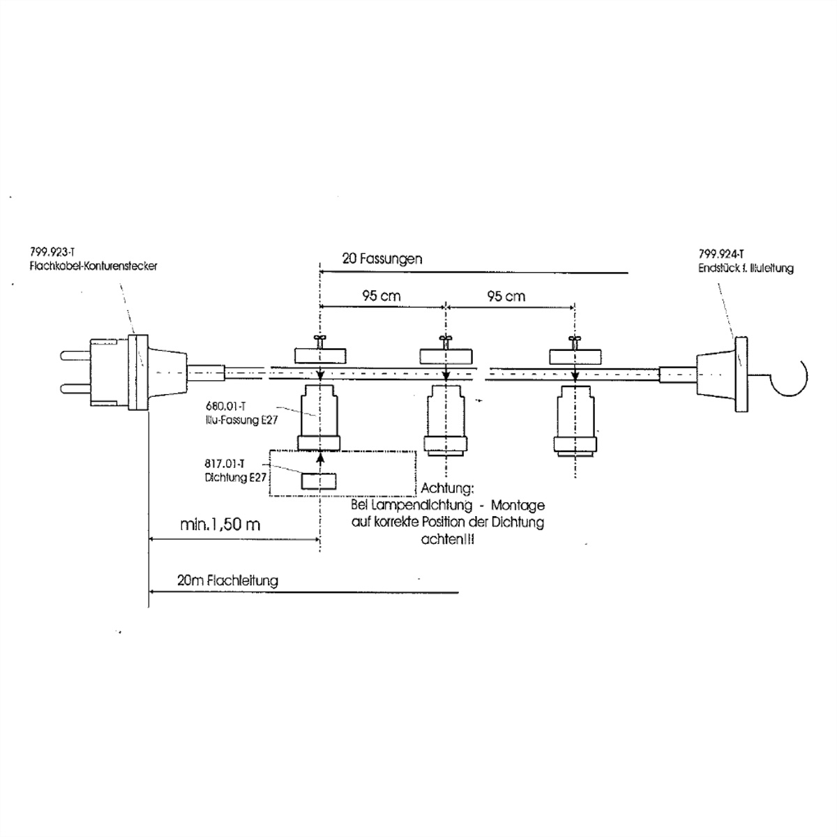 Diagram met afmetingen voor een snoerlampenset, met Europese stekker en stopcontact. Witte achtergrond.