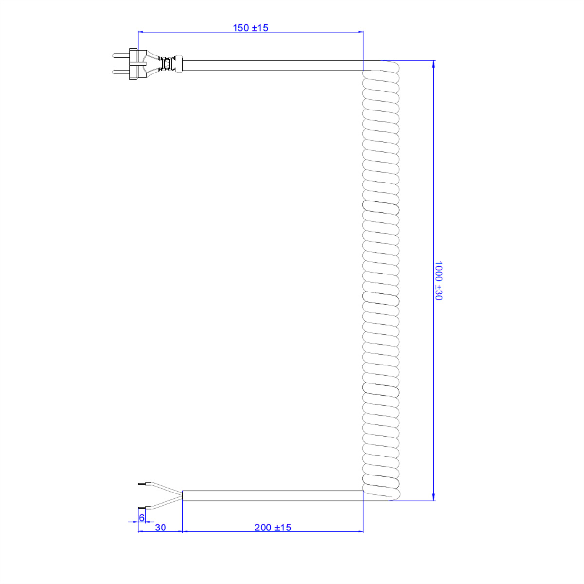 Schema eines Kabels mit Maßen: 150mm, 1000mm und 200mm. Weißer Hintergrund.