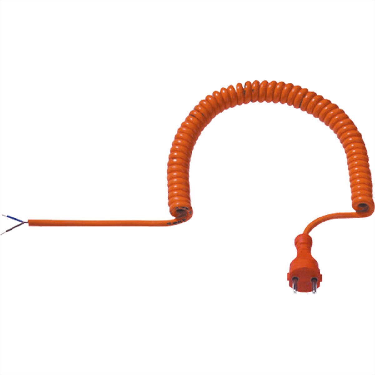 Orangenes Spiralkabel mit Stecker an einem Ende und freiliegenden Drähten am anderen. Weißer Hintergrund.