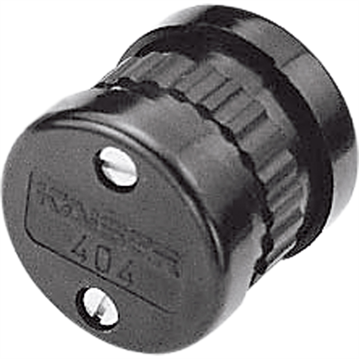 Een zwarte elektrische connector met tekst en twee schroeven.