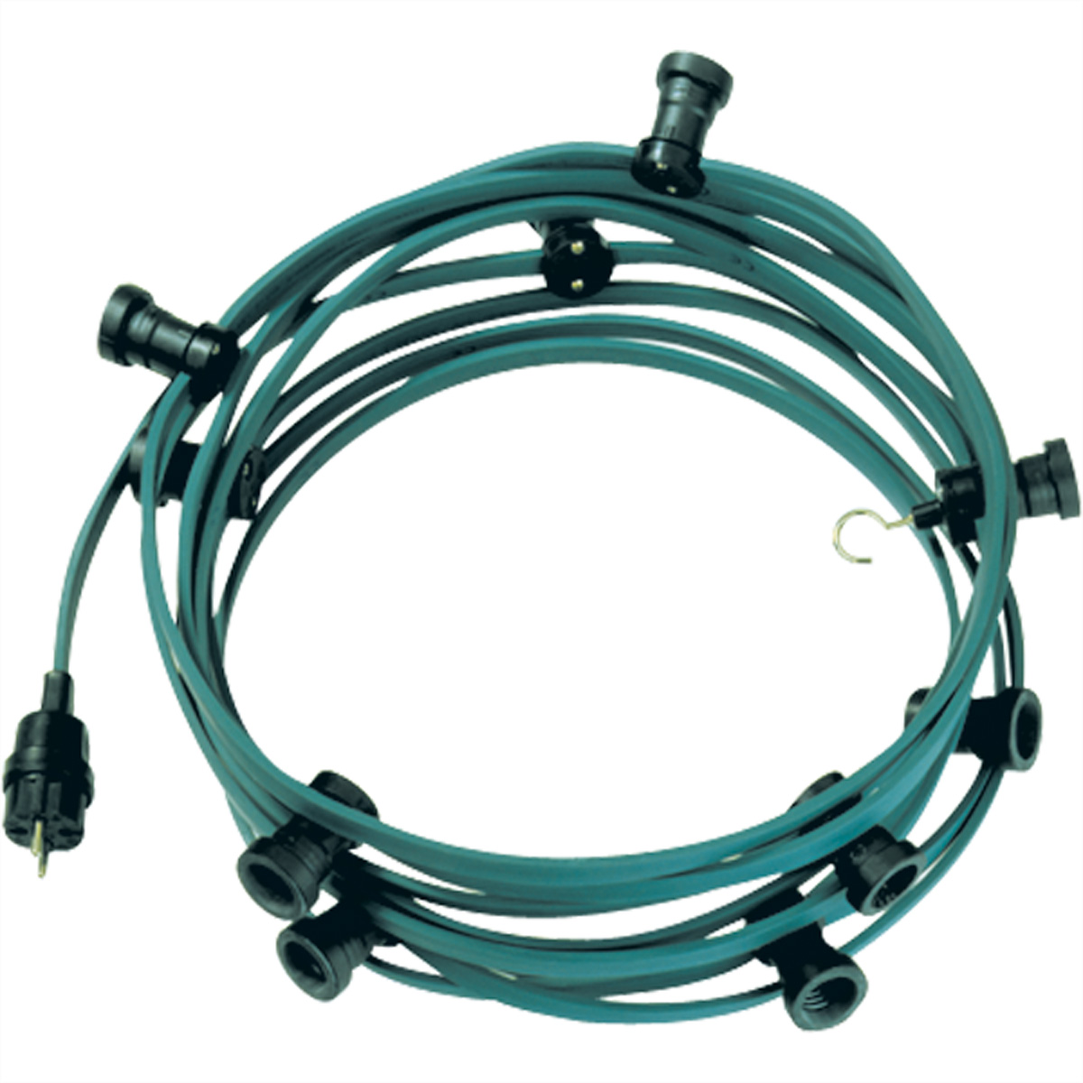 Een opgerolde turquoise verlengsnoer. Het heeft zwarte stopcontacten voor gloeilampen.