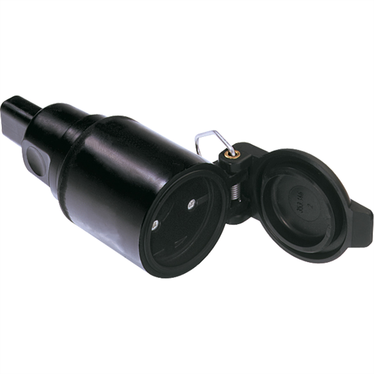 Zwarte elektrische connector met een scharnierende klep, open.