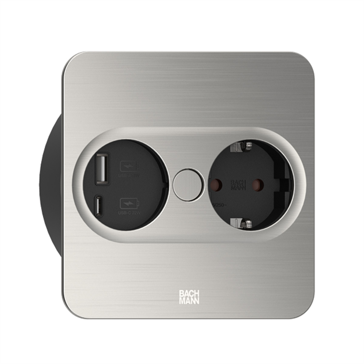 Una presa di corrente argentata con due porte USB.  Sono visibili presa e porte USB nere.